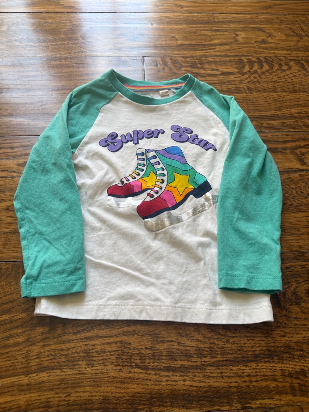Kids Long-Sleeve Raglan Tee with Teal Sleeves and Colorful Skate Graphic